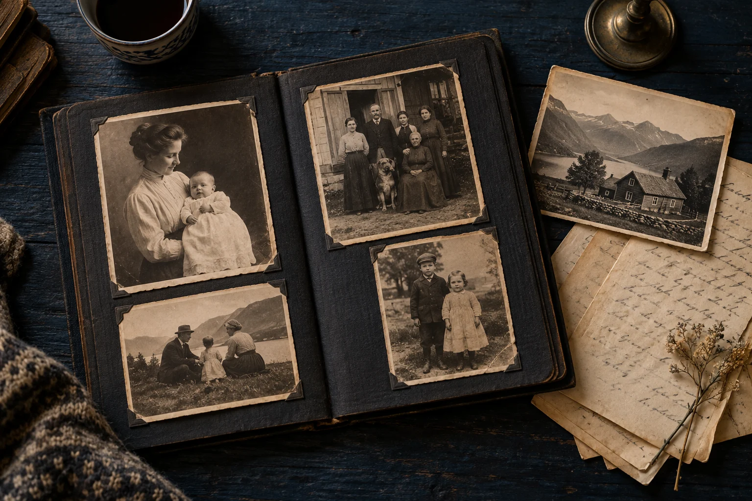 Illustrasjon av et gammelt familiealbum, fotografier og brev på et mørkt bord